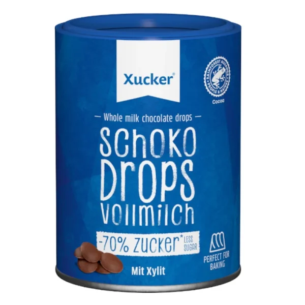 Xucker Schokodrops Vollmilch zuckerfreie Schokodrops Vollmilch ohne Zuckerzuzsatz 70 % weniger Zucker