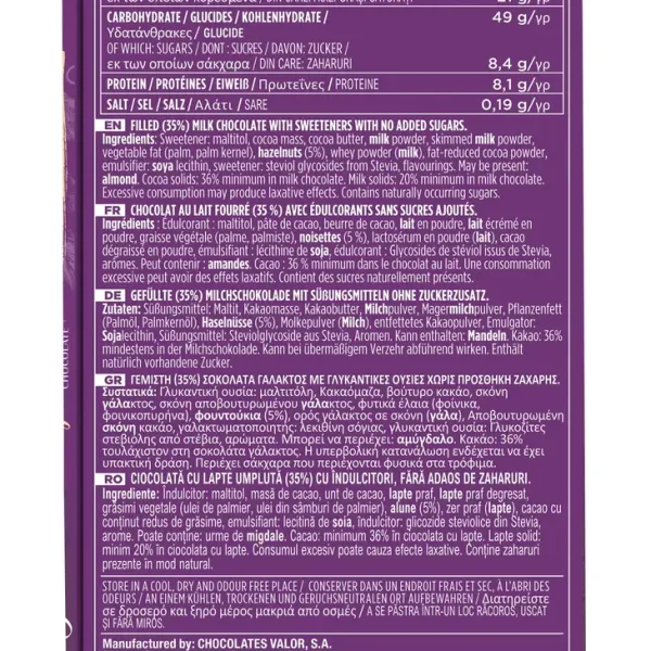 Valor cremige Milchschokolade ohne Zucker mit Haselnussfüllung Stevia creamy milk chocolate no sugar sugarfree low carb woth hazelnut filling diabetiker Rückseite