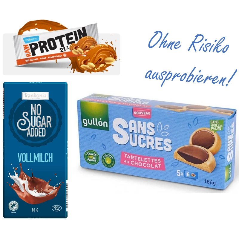 Box Kleines Probierpaket zuckerfreie Frankonia Schokolade Gullon Napfkeks ohne Zucker Maxsport Paleo Riegel ohne Zuckerzusatz