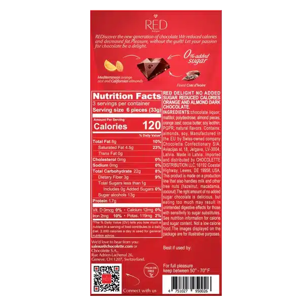 Red Dunkle Schokolade Mandel Orange zuckerfreie Schokolade vegan ohne Zuckerzusatz laktosefrei glutenfrei ohne Palmöl Zutatenliste Inhaltsstoffe Nährwerttabelle back